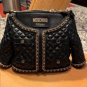 Moschino Black Quilted Mini Jacket Bag with Gold Chain Trim